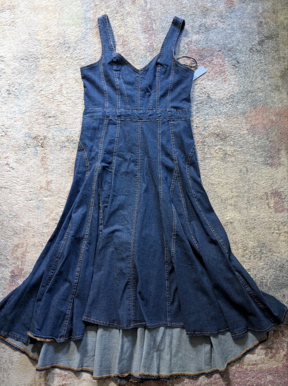 Tractr Dark Blue Denim Midi Dress with V-Neck and Flared Panels